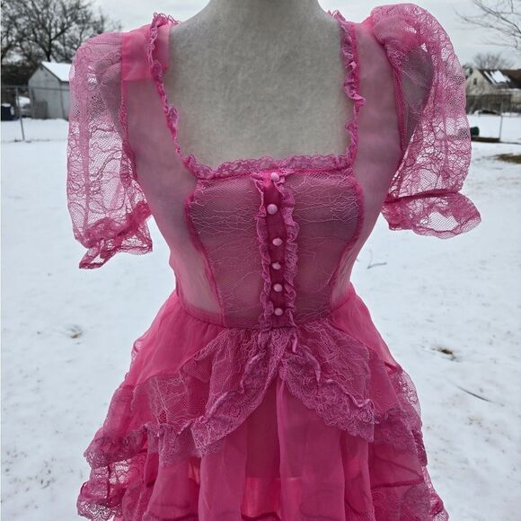 NEW Dolls Kill pink sheer lace kawaii‎ Pretty Imperfect tiered maxi dress gown S - Picture 3 of 10